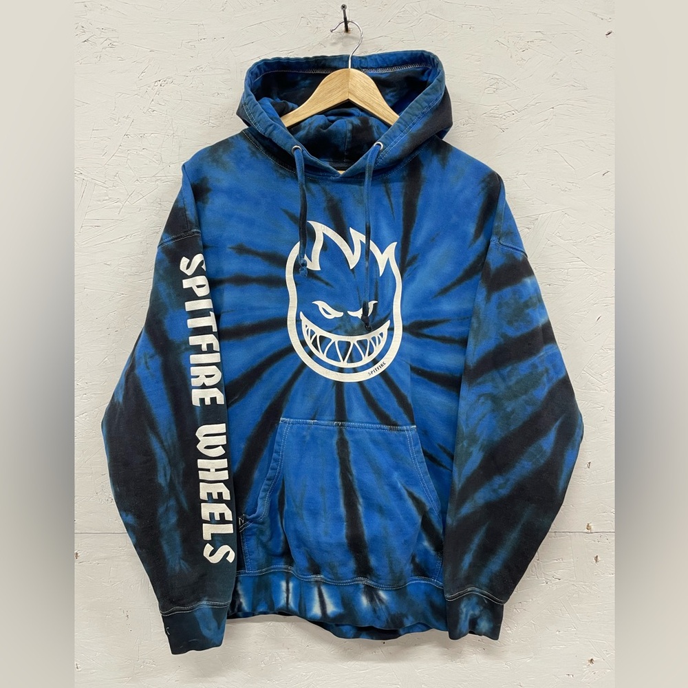 Vintage Y2K Spitfire Tie-Dye Bighead Sleeve Hoodie, Size XL, Blue and Black